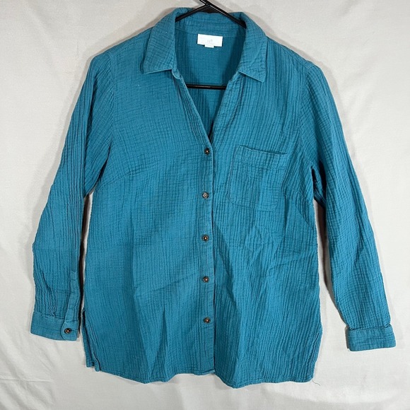 J.Jill 100% Cotton Gauze Blouse Womens XS Blue Button Down Tunic Casual V Neck - Picture 2 of 6